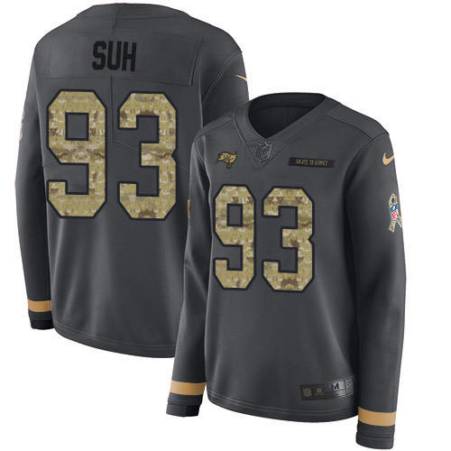 Tampa Bay Buccaneers #93 Ndamukong Suh Anthracite Salute to Service Women's Stitched Limited Therma Long Sleeve Jersey Womens