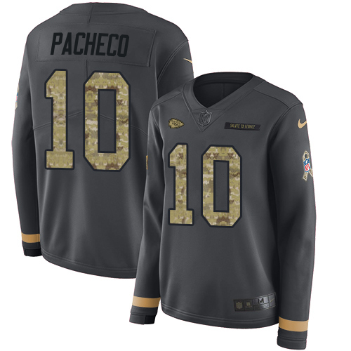 Chiefs #10 Isiah Pacheco Anthracite Salute To Service Women's Stitched Limited Therma Long Sleeve Jersey