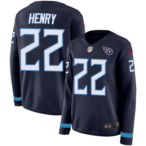 Titans #22 Derrick Henry Navy Blue Team Color Women's Stitched Limited Therma Long Sleeve Jersey