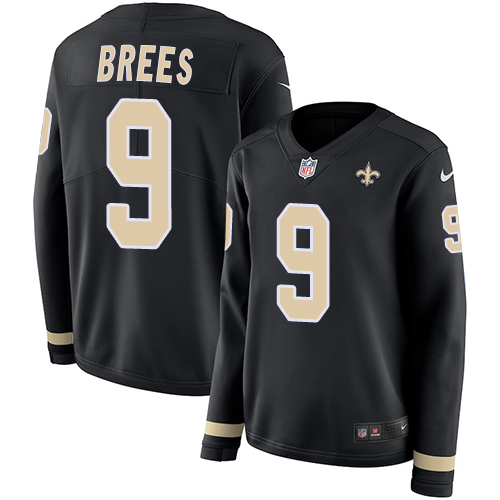 Saints #9 Drew Brees Black Team Color Women's Stitched Limited Therma Long Sleeve Jersey