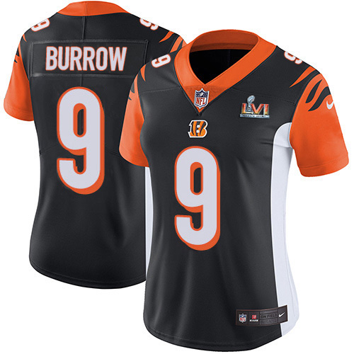 Bengals #9 Joe Burrow Black Team Color Super Bowl LVI Patch Women's Stitched Vapor Untouchable Limited Jersey