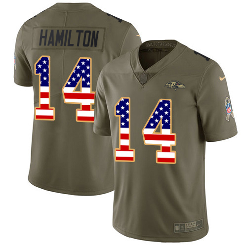 Ravens #14 Kyle Hamilton Olive/USA Flag Men's Stitched Limited 2017 Salute To Service Jersey