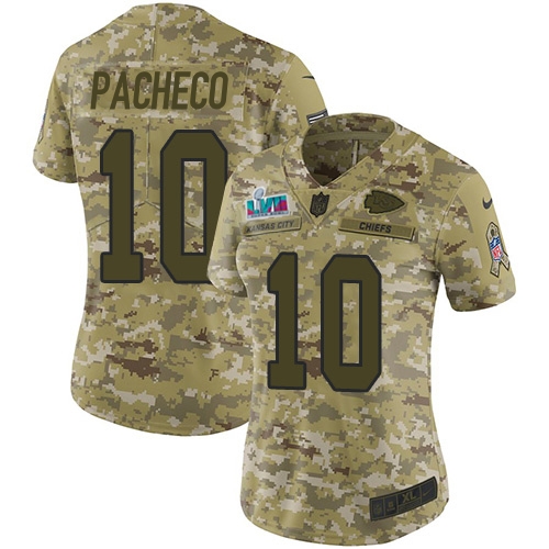 Chiefs #10 Isiah Pacheco Camo Super Bowl LVII Patch Women's Stitched Limited 2018 Salute To Service Jersey