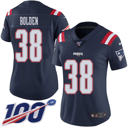 New England Patriots #38 Brandon Bolden Navy Blue Women's Stitched Limited Rush 100th Season Jersey Womens