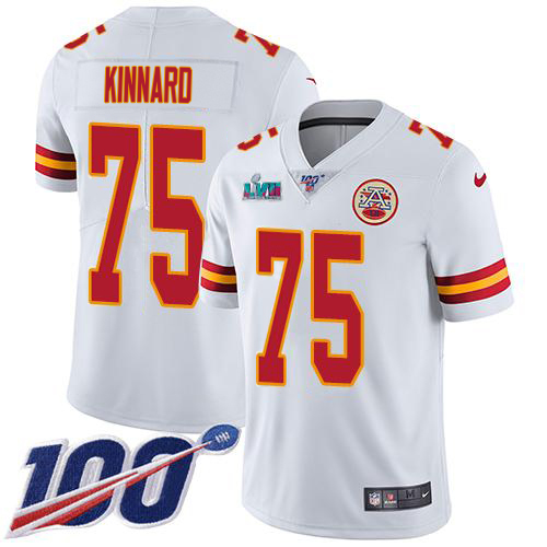 Chiefs #75 Darian Kinnard White Super Bowl LVII Patch Youth Stitched 100th Season Vapor Limited Jersey