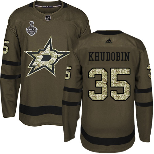 Adidas Dallas Stars #35 Anton Khudobin Green Salute to Service Youth 2020 Stanley Cup Final Stitched Jersey Youth