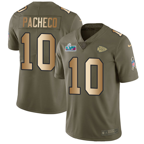 Chiefs #10 Isiah Pacheco Olive/Gold Super Bowl LVII Patch Men's Stitched Limited 2017 Salute To Service Jersey