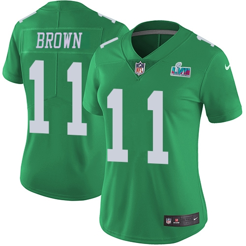 Eagles #11 A.J. Brown Green Super Bowl LVII Patch Women's Stitched Limited Rush Jersey