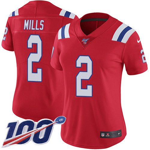 Patriots #2 Jalen Mills Red Alternate Women's Stitched 100th Season Vapor Limited Jersey