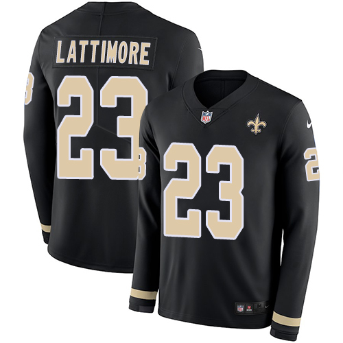 New Orleans Saints #23 Marshon Lattimore Black Team Color Youth Stitched Limited Therma Long Sleeve Jersey Youth