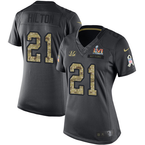 Cincinnati Bengals #21 Mike Hilton Black Super Bowl LVI Patch Women's Stitched Limited 2016 Salute to Service Jersey Womens