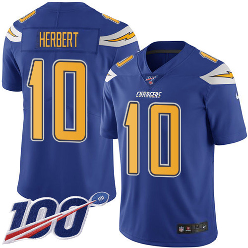 Chargers #10 Justin Herbert Electric Blue Youth Stitched Limited Rush 100th Season Jersey