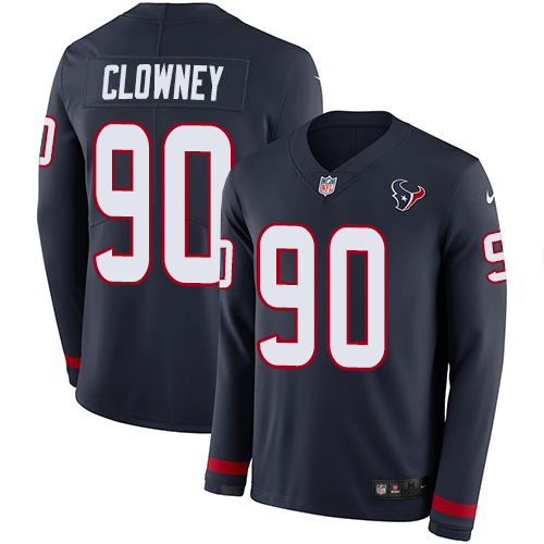 Houston Texans #90 Jadeveon Clowney Navy Blue Team Color Youth Stitched Limited Therma Long Sleeve Jersey Youth