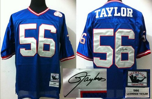 Mitchell And Ness Autographed Giants #56 Lawrence Taylor Blue Stitched Throwback Jersey