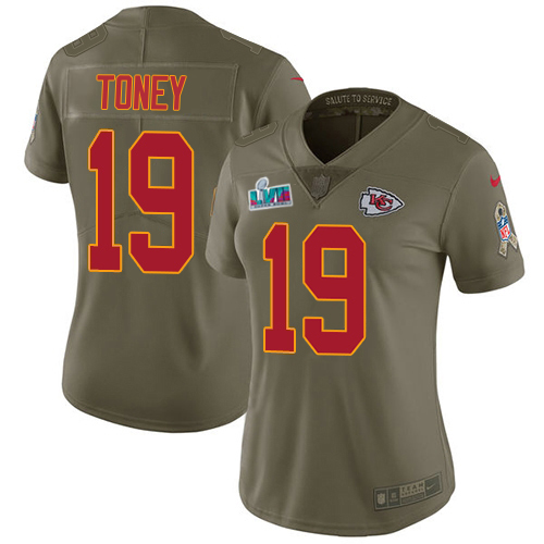 Chiefs #19 Kadarius Toney Olive Super Bowl LVII Patch Women's Stitched Limited 2017 Salute To Service Jersey