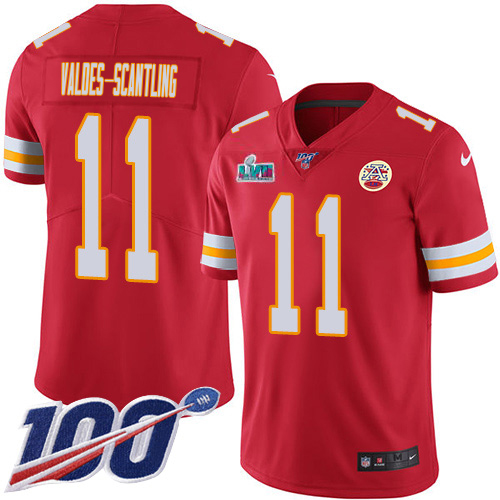 Chiefs #11 Marquez Valdes-Scantling Red Team Color Super Bowl LVII Patch Men's Stitched 100th Season Vapor Limited Jersey