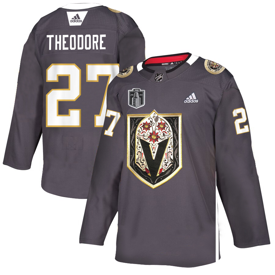 Vegas Golden Knights #27 Shea Theodore Men's Grey 2023 Stanley Cup Final Patch Adidas Latino Heritage Night Stitched Jersey