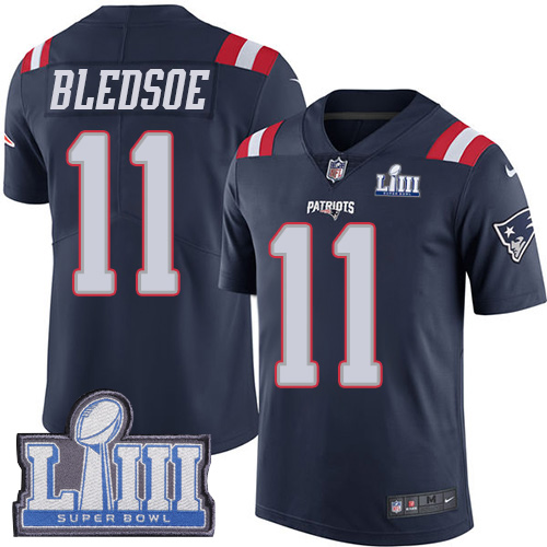 New England Patriots #11 Drew Bledsoe Navy Blue Super Bowl LIII Bound Men's Stitched Limited Rush Jersey Men's