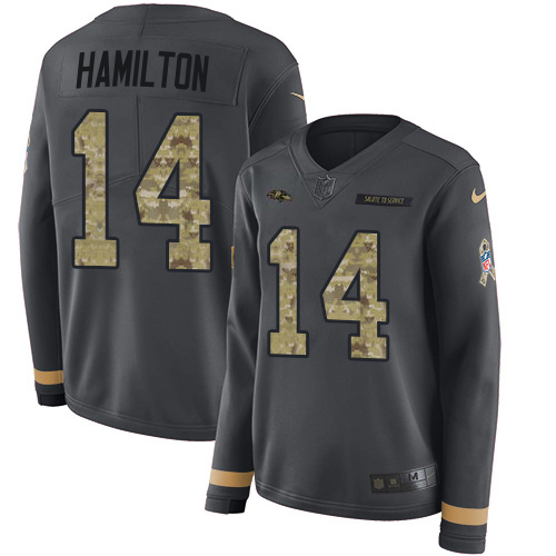 Ravens #14 Kyle Hamilton Anthracite Salute To Service Women's Stitched Limited Therma Long Sleeve Jersey