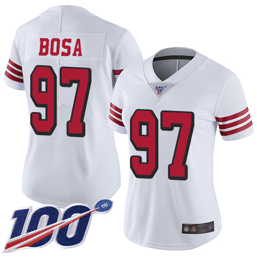 49ers #97 Nick Bosa White Rush Women's Stitched Limited 100th Season Jersey