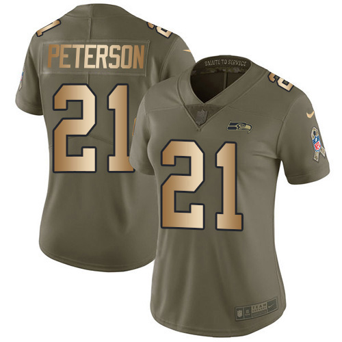 Seattle Seahawks #21 Adrian Peterson Olive/Gold Women's Stitched Limited 2017 Salute To Service Jersey Womens