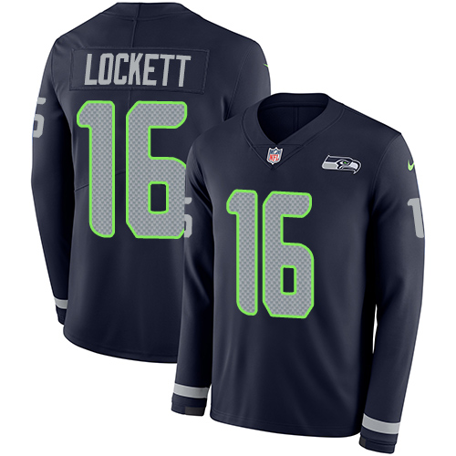 Seahawks #16 Tyler Lockett Steel Blue Team Color Men's Stitched Limited Therma Long Sleeve Jersey