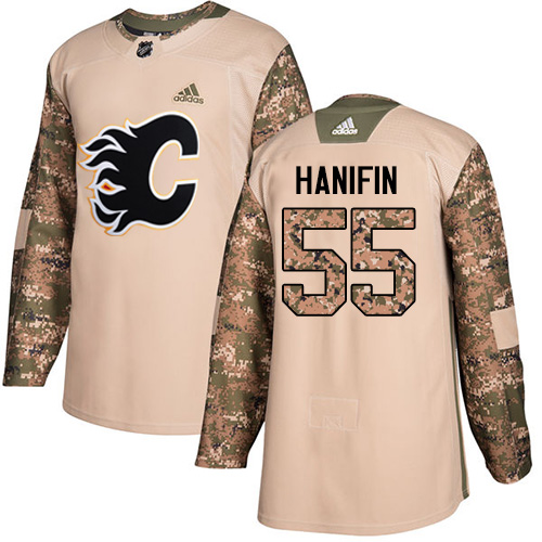 Adidas Calgary Flames #55 Noah Hanifin Camo Authentic 2017 Veterans Day Stitched Jersey Men's