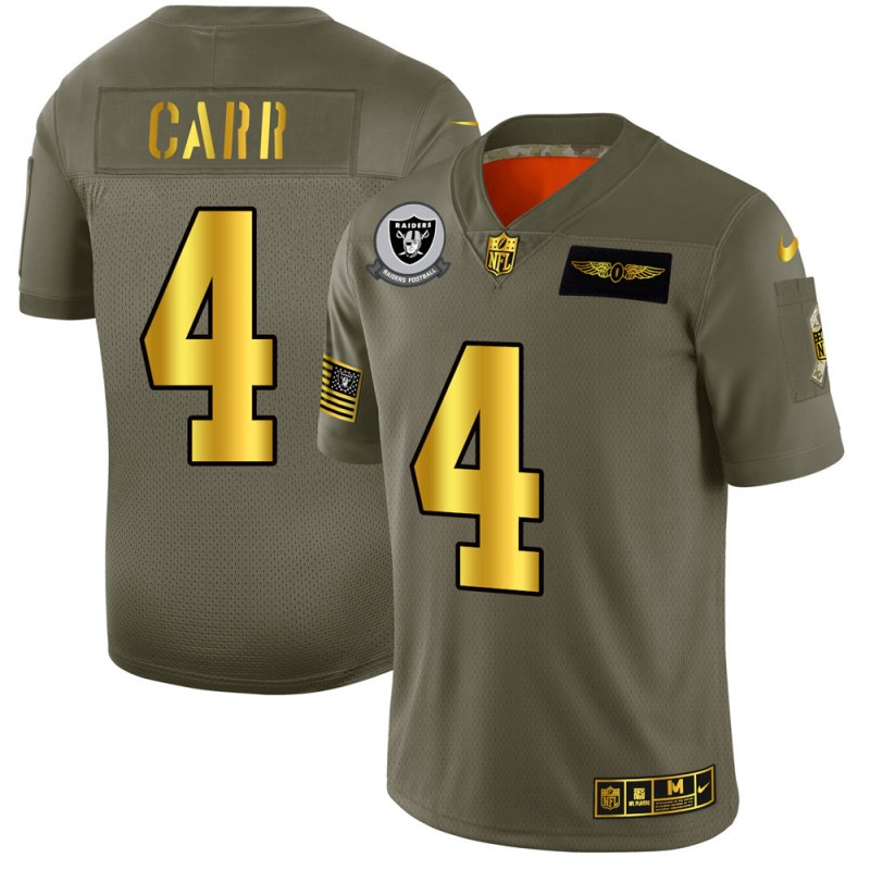 Raiders #4 Derek Carr Men's Olive Gold 2019 Salute To Service Limited Jersey