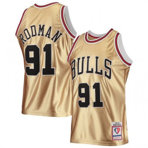 Chicago Bulls #91 Dennis Rodman Mens Gold Mitchell & Ness 75th Anniversary 1997-98 Hardwood Classics Swingman Jersey Mens