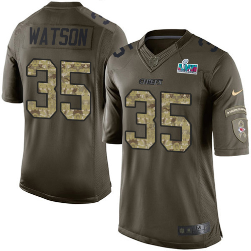 Chiefs #35 Jaylen Watson Green Super Bowl LVII Patch Youth Stitched Limited 2015 Salute To Service Jersey
