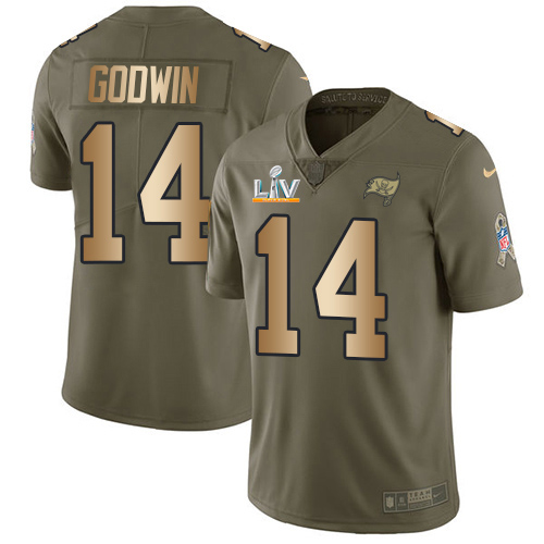 Buccaneers #14 Chris Godwin Olive/Gold Youth Super Bowl LV Bound Stitched Limited 2017 Salute To Service Jersey