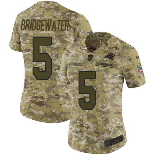 Carolina Panthers #5 Teddy Bridgewater Camo Women's Stitched Limited 2018 Salute To Service Jersey Womens