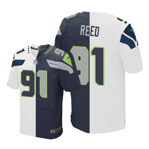Seattle Seahawks #91 Jarran Reed White/Steel Blue Men's Stitched Elite Split Jersey Men's
