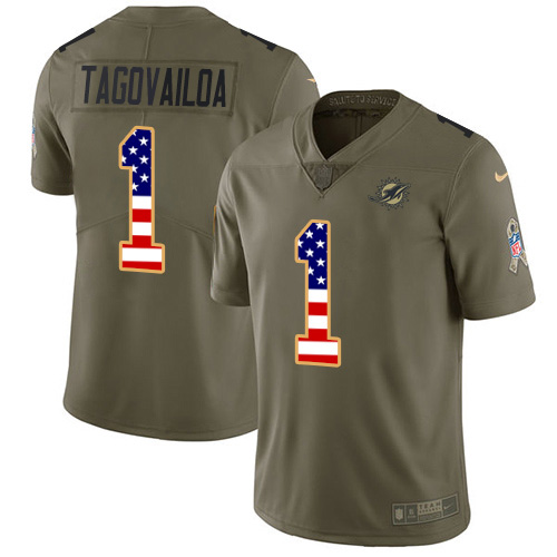 Dolphins #1 Tua Tagovailoa Olive/USA Flag Men's Stitched Limited 2017 Salute To Service Jersey