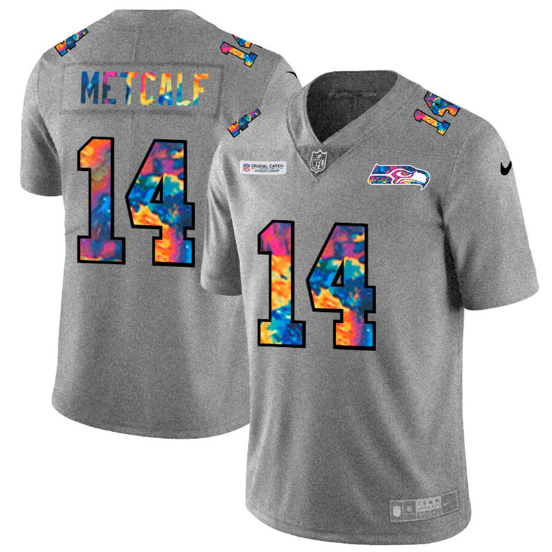 Seattle Seahawks #14 DK Metcalf Men's Multi-Color 2020 Crucial Catch Jersey Greyheather