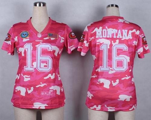 49ers #16 Joe Montana Pink Women's Stitched Elite Camo Fashion Jersey