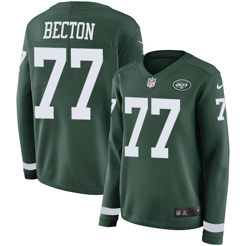 New York Jets #77 Mekhi Becton Green Team Color Women's Stitched Limited Therma Long Sleeve Jersey Womens