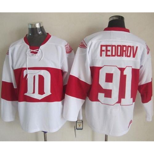 Detroit Red Wings #91 Sergei Fedorov White Winter Classic CCM Throwback Stitched Jersey Men's