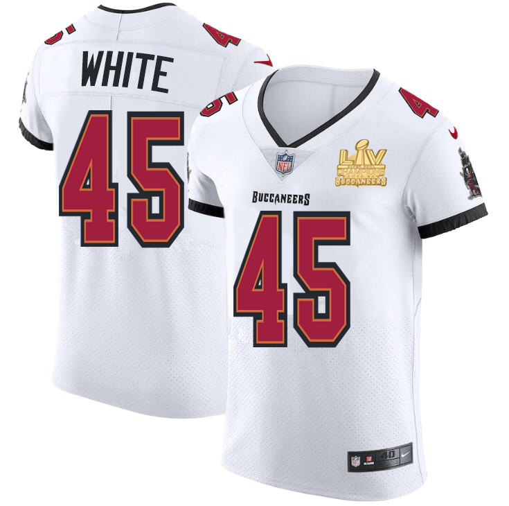 Tampa Bay Buccaneers #45 Devin White Men's Super Bowl LV Champions Patch White Vapor Elite Jersey