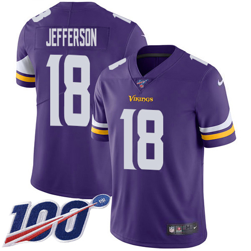 Vikings #18 Justin Jefferson Purple Team Color Men's Stitched 100th Season Vapor Untouchable Limited Jersey