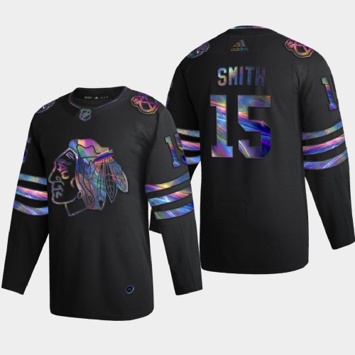 Chicago Chicago Blackhawks #15 Zack Smith Men's Iridescent Holographic Collection Jersey - Black Men's