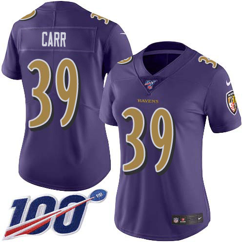 Baltimore Ravens #39 Brandon Carr Purple Women's Stitched Limited Rush 100th Season Jersey Womens