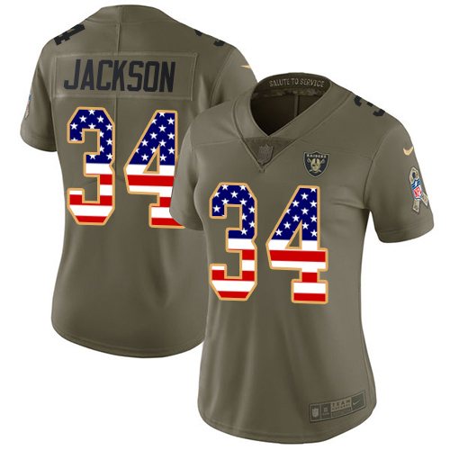 Raiders #34 Bo Jackson Olive/USA Flag Women's Stitched Limited 2017 Salute To Service Jersey