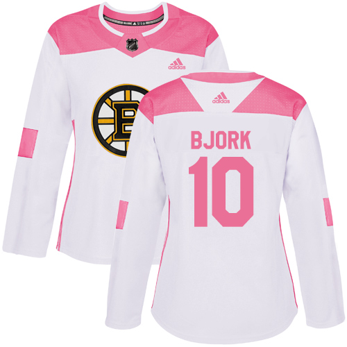 Adidas Boston Bruins #10 Anders Bjork White/Pink Authentic Fashion Women's Stitched Jersey Womens