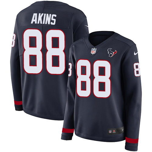 Houston Texans #88 Jordan Akins Navy Blue Team Color Women's Stitched Limited Therma Long Sleeve Jersey Womens