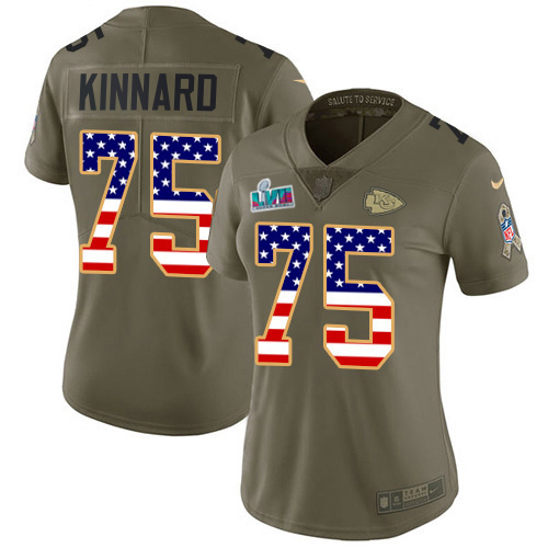 Chiefs #75 Darian Kinnard Olive/USA Flag Super Bowl LVII Patch Women's Stitched Limited 2017 Salute To Service Jersey