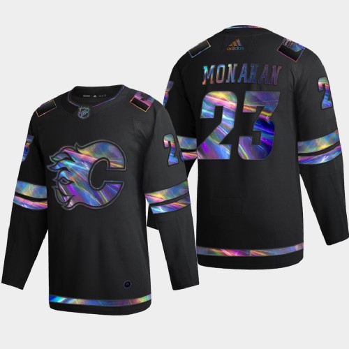 Calgary Calgary Flames #23 Sean Monahan Men's Iridescent Holographic Collection Jersey - Black Men's