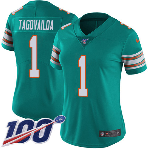 Dolphins #1 Tua Tagovailoa Aqua Green Alternate Women's Stitched 100th Season Vapor Untouchable Limited Jersey