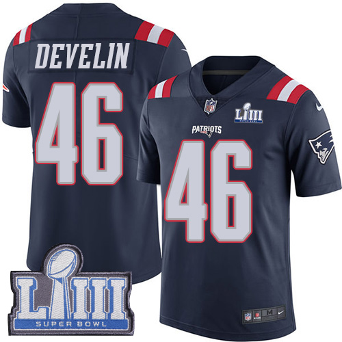 New England Patriots #46 James Develin Navy Blue Super Bowl LIII Bound Men's Stitched Limited Rush Jersey Men's