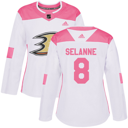 Adidas Anaheim Ducks #8 Teemu Selanne White/Pink Authentic Fashion Women's Stitched Jersey Womens